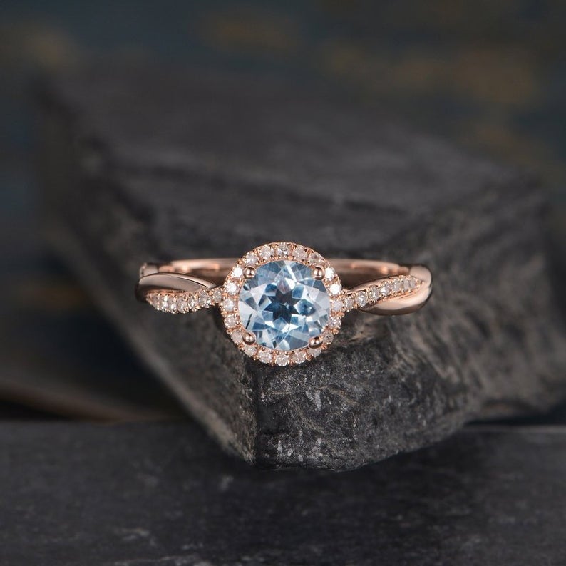 White Gold Aquamarine Birthstone Infinity Ring with Diamonds